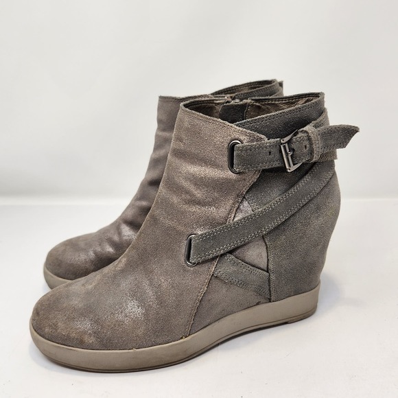 Eileen Fisher Zest Metallic Gray Beige Leather Wedge Ankle Booties Size 6 Zipper - Picture 4 of 9
